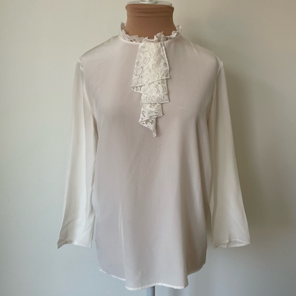 Miu Miu 2012 Collection Lace Ruffle Neck 3/4 Sleeve Ivory Silk Blouse IT 40/US 4 - Picture 4 of 13